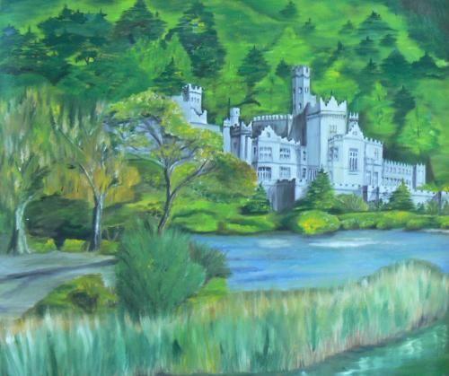 Am irischen Fluss  Blick auf die Kylemore Abbey